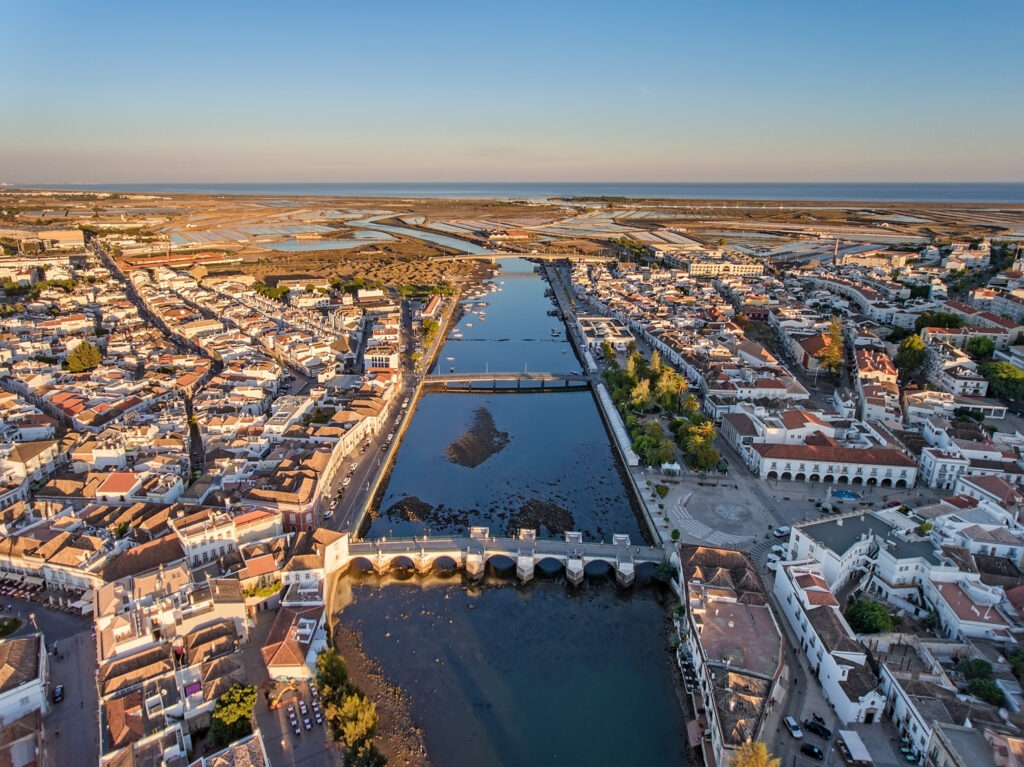 picture at sunset of above Tavira, showing the river